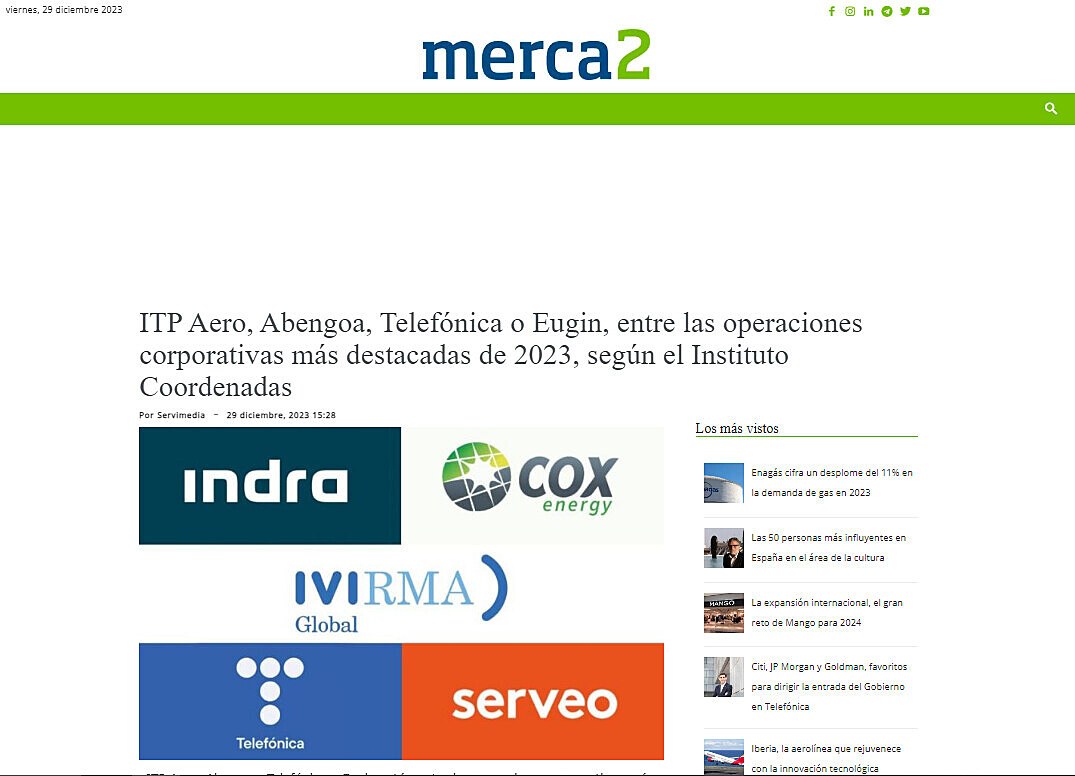ITP Aero, Abengoa, Telefnica o Eugin, entre las operaciones corporativas ms destacadas de 2023, segn el Instituto Coordenadas